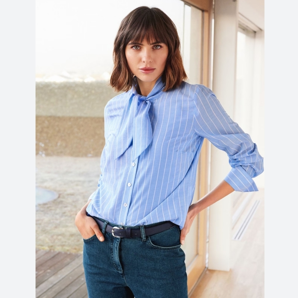 Blue Pinstripe Tie-Neck Shirt - Women's Tops